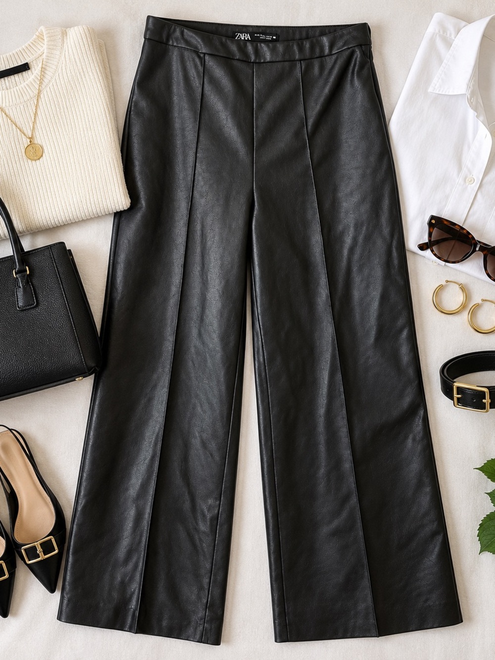 Zara Black Faux Leather Wide-Leg Pants – Size M